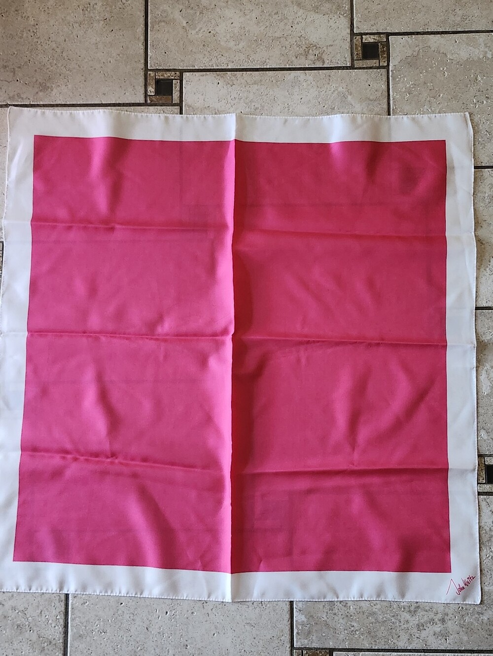 Vtg John Weitz Bold Pink Square Silk Scarf with White Border